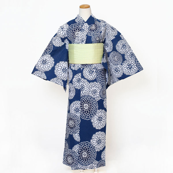 【仕立上り】【日本製】【注染(本染め)】【浴衣単品】ひんやり涼やか、ほころぶ菊の笑み(女ゆかた/綿/Lサイズ)