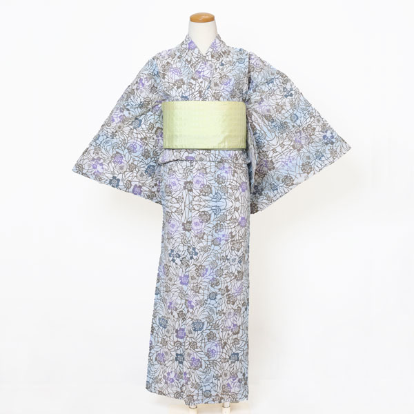【仕立上り】【日本製】【注染(本染め)】【浴衣単品】風にほどける、レースのような花影(女ゆかた/綿麻/Fサイズ)