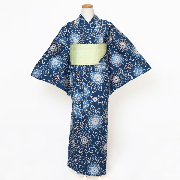 【仕立上り】【日本製】【注染(本染め)】【浴衣単品】深い藍に、ふわりと咲く白い菊。粋と優美の一枚(女ゆかた/綿麻/Fサイズ)