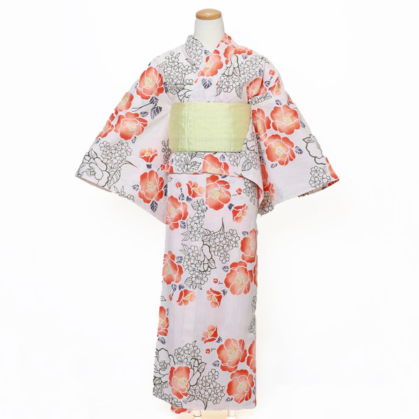 【仕立上り】【日本製】【注染(本染め)】【浴衣単品】優しい雰囲気を引き立てるオレンジ椿ゆかた(女ゆかた/綿麻/Fサイズ)